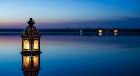 Lantern on the lake at sunsetの写真素材
