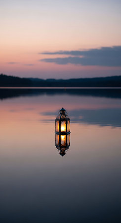 Lantern on the lake at sunset. Beautiful natural background.の写真素材