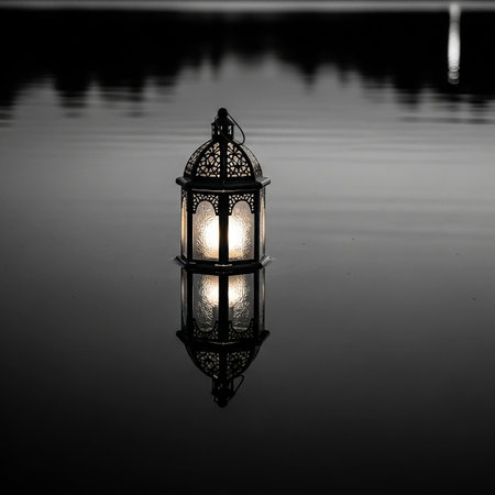 Lantern on the water with reflection.の写真素材