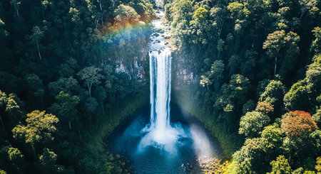 Aerial view of waterfall in green forest. Aerial view of waterfall in green forest