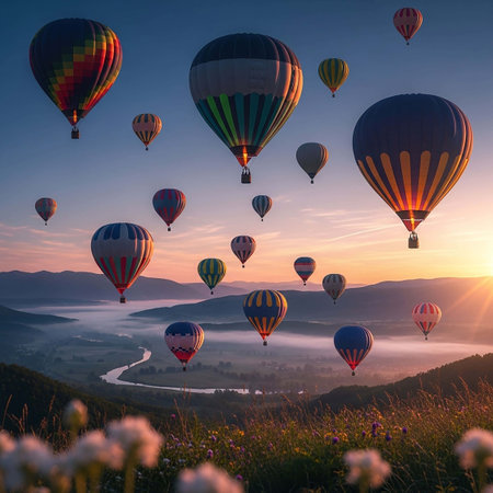 Colorful hot air balloons flying over the mountain valley at sunrise.の写真素材