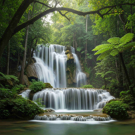Beautiful waterfall in deep forest at Huay Mae Kamin Waterfall, Kanchanaburi, Thailandの写真素材