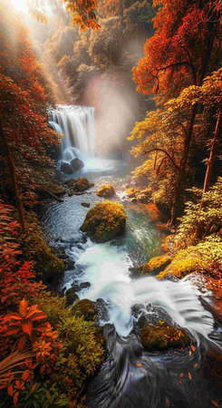 Waterfall in autumn forest. Colorful autumn forest with waterfall.の写真素材
