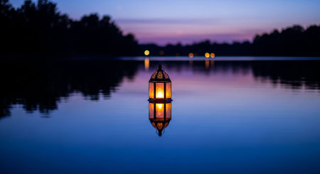 Lantern reflected in the lake at night.の写真素材