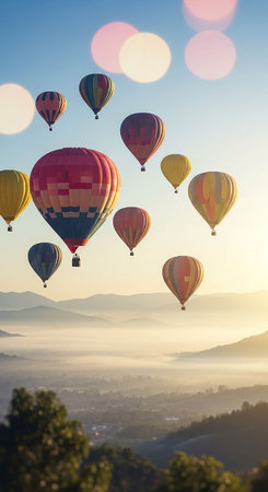 Hot air balloons flying over the mountains at sunrise. Colorful hot air balloons flying in the sky.