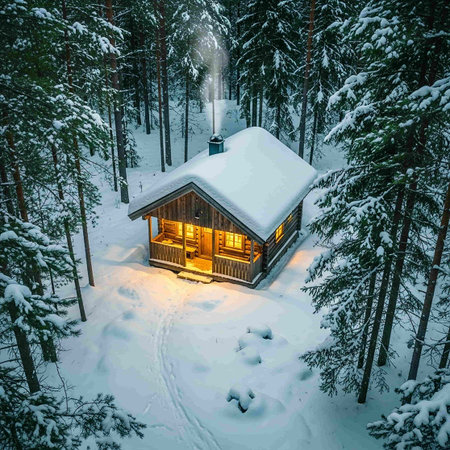 Cottage in the winter forest. Wooden house in the forest.の写真素材