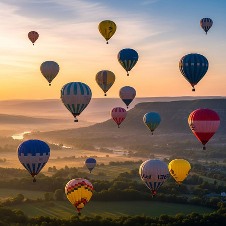 Hot air balloons flying over the valley at sunrise. Colorful hot air balloons in the sky.