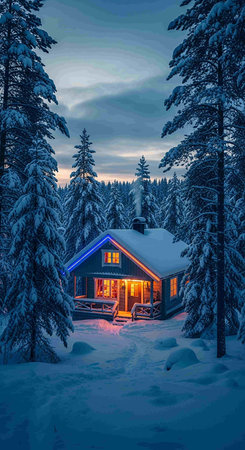 Beautiful winter landscape with wooden house in the forest at sunset.の写真素材