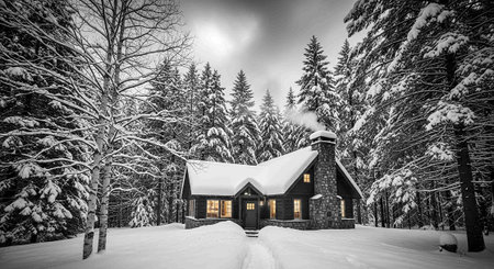 Beautiful wooden house in the winter forest. Black and white photo.の写真素材