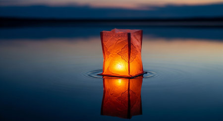 Lantern on the water with reflection of sunset in the lakeの写真素材