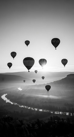 Hot air balloons flying over the valley. Black and white photo.の写真素材