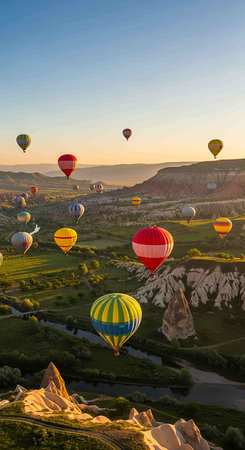 Hot air balloons flying over valley in Cappadocia, Turkeyの写真素材