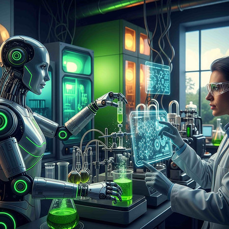 Female humanoid scientist working in laboratory. 3d rendering toned image double exposureの写真素材