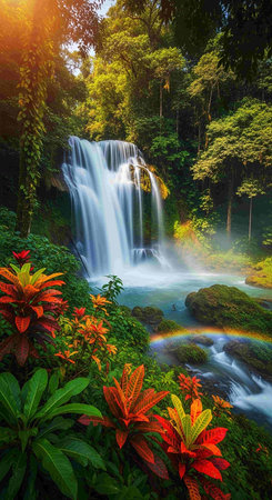 Tropical waterfall in rainforest with colorful leaves and rainbow.の写真素材