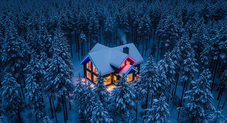Winter night in the forest. Beautiful house in the snowy forest.の写真素材