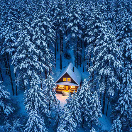 Beautiful winter landscape in the mountains. Wooden house in the forest.の写真素材