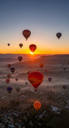 Hot air balloons flying over Cappadocia at sunrise, Turkey