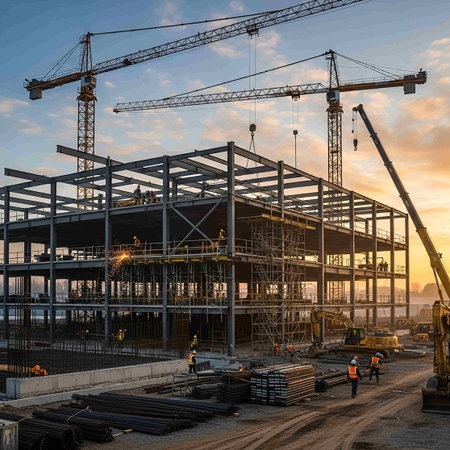 Construction site with cranes and workers at sunset. 3D rendering