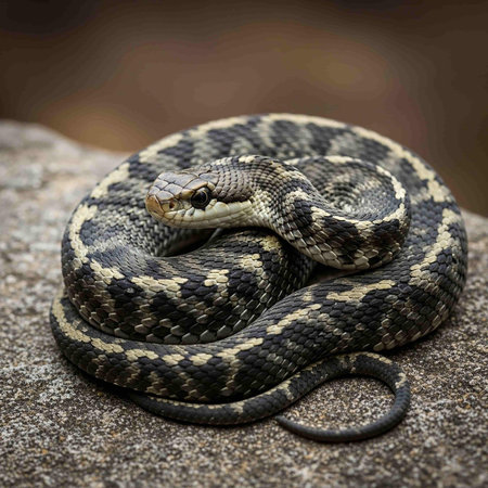 Close-up of a striped viper snake on a rock.