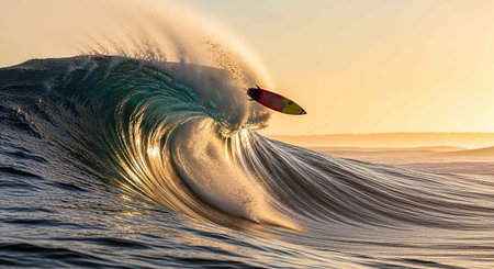 Surfing ocean wave at sunset. 3d render concept illustration.の写真素材