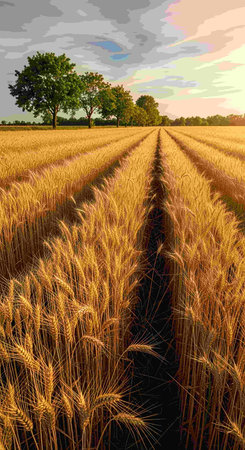 A field of wheat with a single tree in the background and a cloudy sky