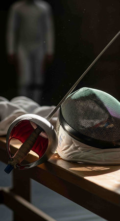 Fencing mask and sword on the shelf in the fencing studio.の写真素材