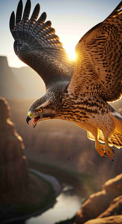 Hawk in flight at sunset. 3D render of a bird of prey.