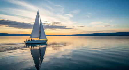 Sailing yacht at sunset on Lake Tahoe, California, USAの写真素材