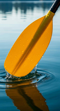 Close-up of a yellow paddle on the water with water drops