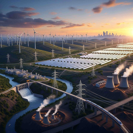 Power plant with solar panels and wind turbines at sunset. 3D rendering
