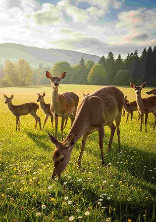 A herd of deer grazing on a meadow in the mountains.の写真素材