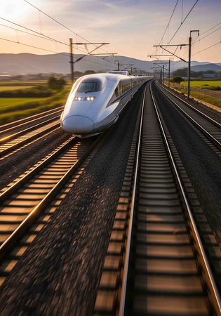 High speed train on railroad tracks at sunset, motion blur effect.