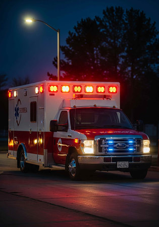 Ambulance on the road at night with red lights.
