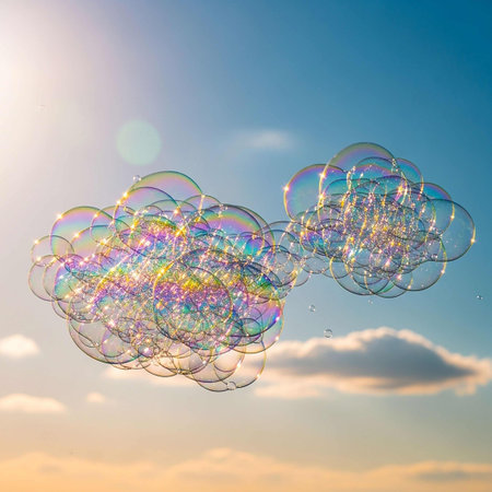 Soap bubbles on a background of blue sky with clouds and sun