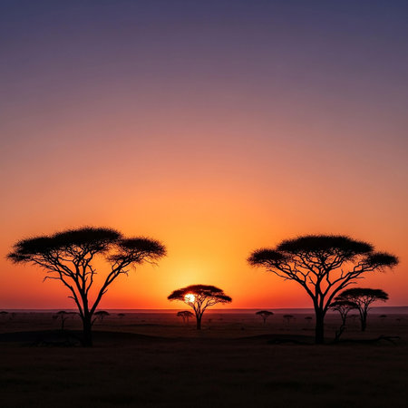 Sunset in Serengeti National Park, Tanzania, Africaの写真素材