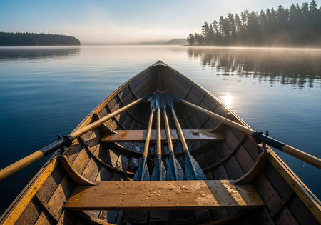 Wooden rowing boat on lake in foggy morning. Beautiful landscape.の写真素材