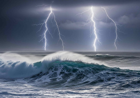 Stormy sea with stormy waves and lightning. 3D renderingの写真素材