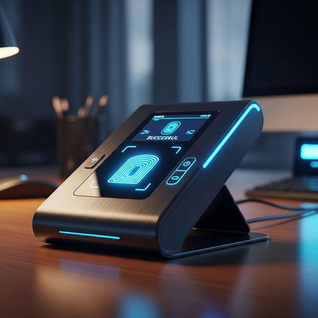 smartphone with fingerprint scanner on table in office. 3d rendering