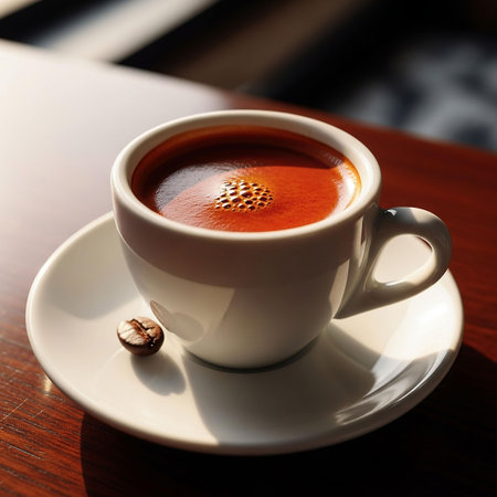 Cup of coffee on wooden table in cafe, close-upの写真素材