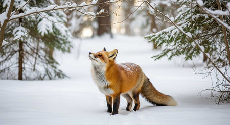 Red fox in the winter forest. Wild animals in winter forest.
