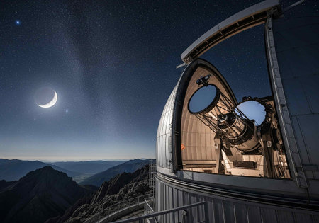 Observatory in the mountains at night with moon and stars.