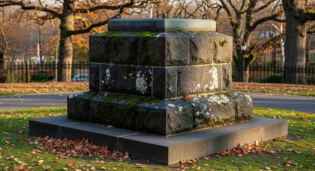 Stone monument in the park in autumn with fallen leaves and sun rays