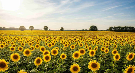 Field of sunflowers on a background of blue sky with clouds
