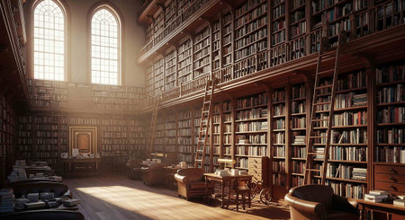 3D render of an old library with bookshelves and tablesの写真素材