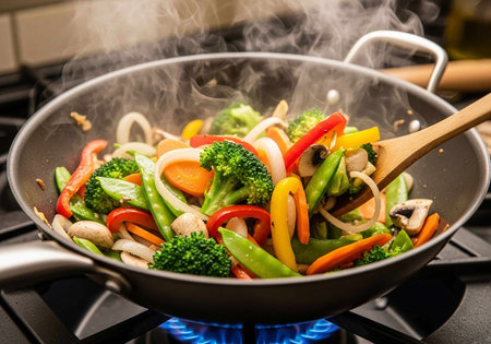 stir fry vegetables in a wok on a gas stove.の写真素材