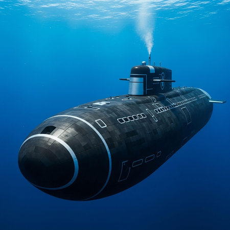Submarine in deep blue water. 3d render. Illustration.の写真素材
