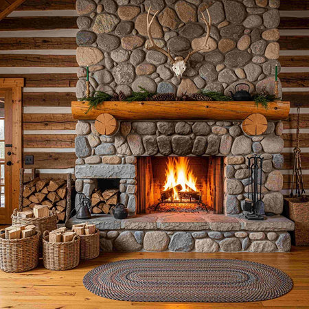 Interior of a log house with a fireplace. 3d render