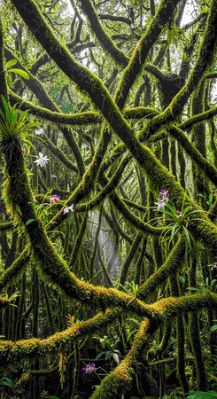 Beautiful tropical rainforest with green moss and orchids.