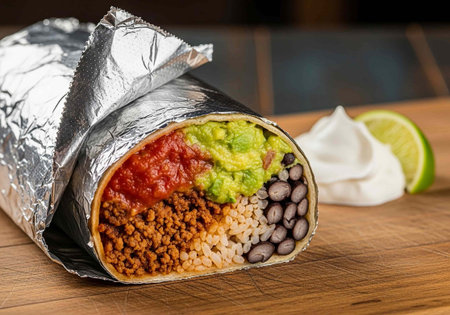 Mexican burrito with guacamole, avocado and tomato sauceの写真素材