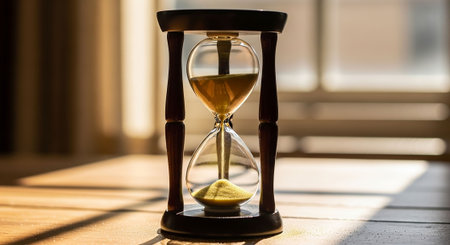 Hourglass with sand on the table in the sunlight. Time concept